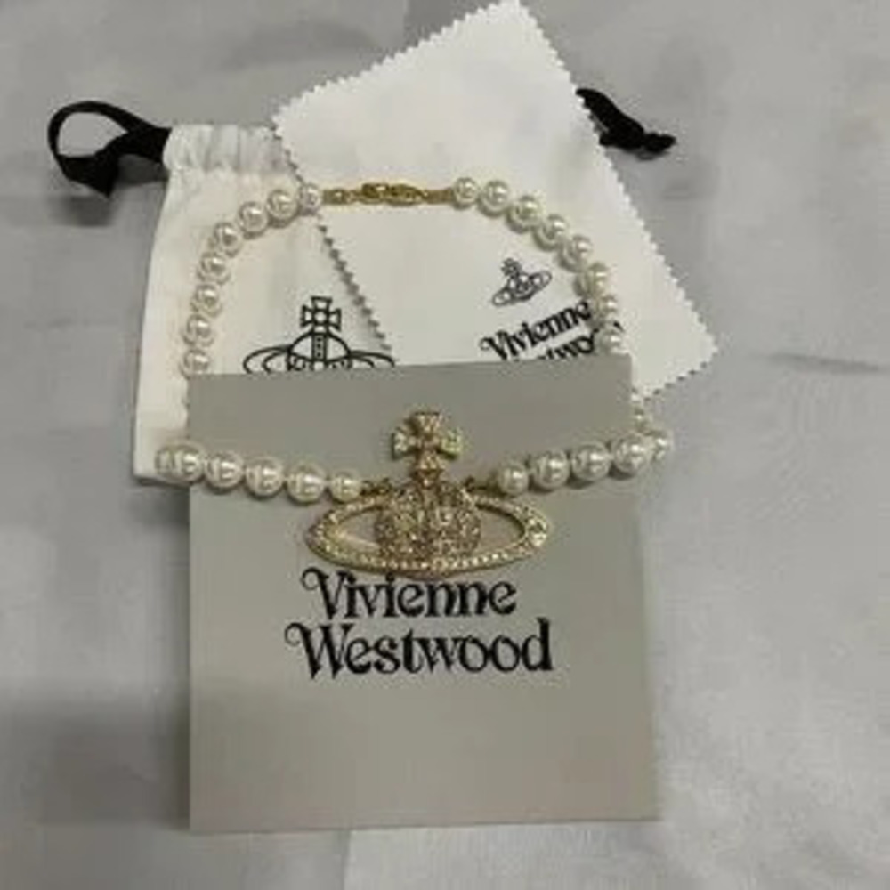 Westwood Bas Relief Pearl Necklace Gold Tone LARGE